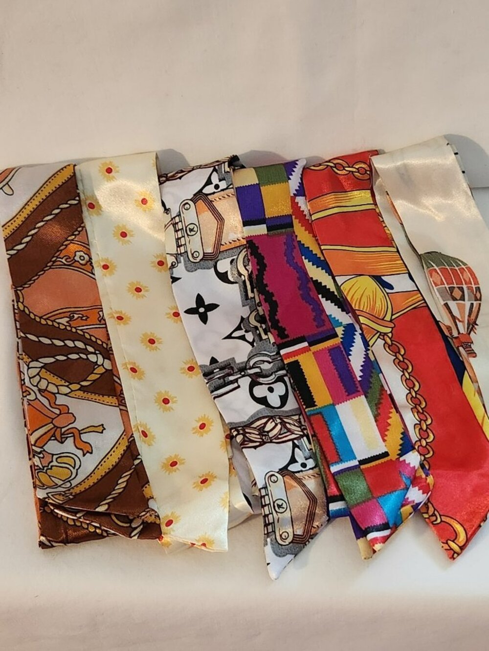 Lot of six thin scarves for hair purses wrists faux satin NEW